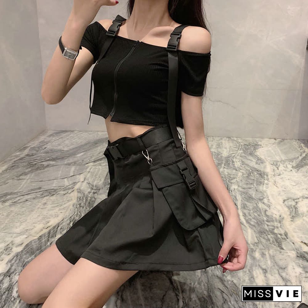 Gothic Off The Shoulder Buckle Strap Zipper Crop Top Belted Pleated Skirt