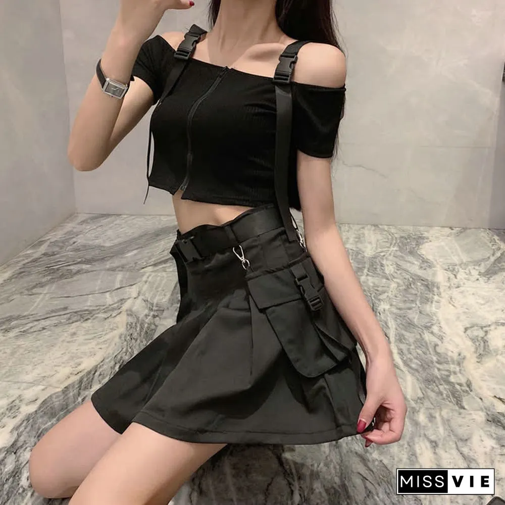 Gothic Off The Shoulder Buckle Strap Zipper Crop Top Belted Pleated Skirt