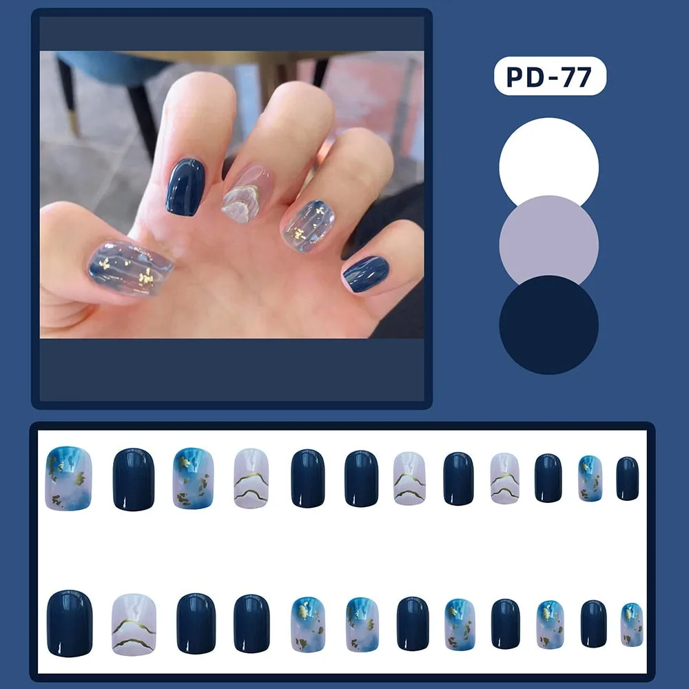 24pcs/box Blue Dye With Sequins Decorated press on nail tips Frosted Square Head Short Wearable Full Cover fake nails with glue-Nail Inspo