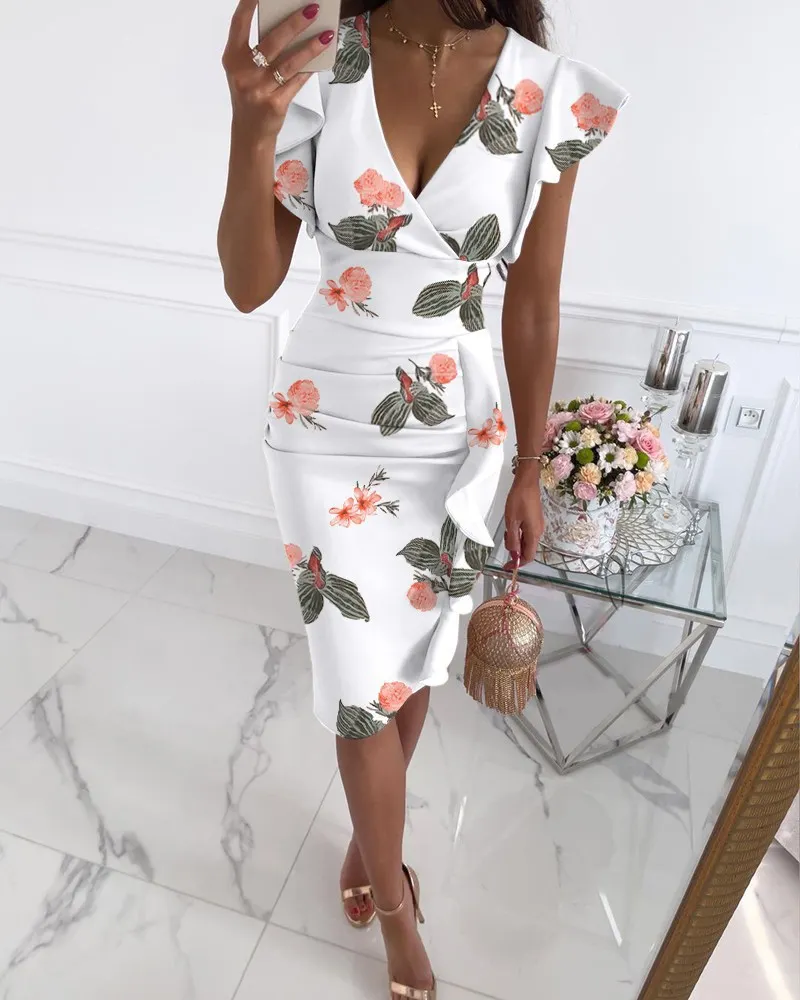 Uveng Uveng New Multi-Color Printing Dress V Collar Lotus Edges Sexy High-Waisted Dress