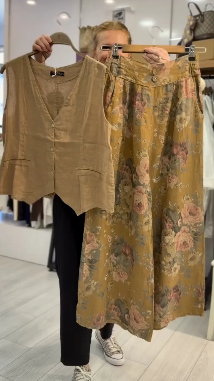 复制Retro Linen Vest & Floral Wide-Leg Pants Set