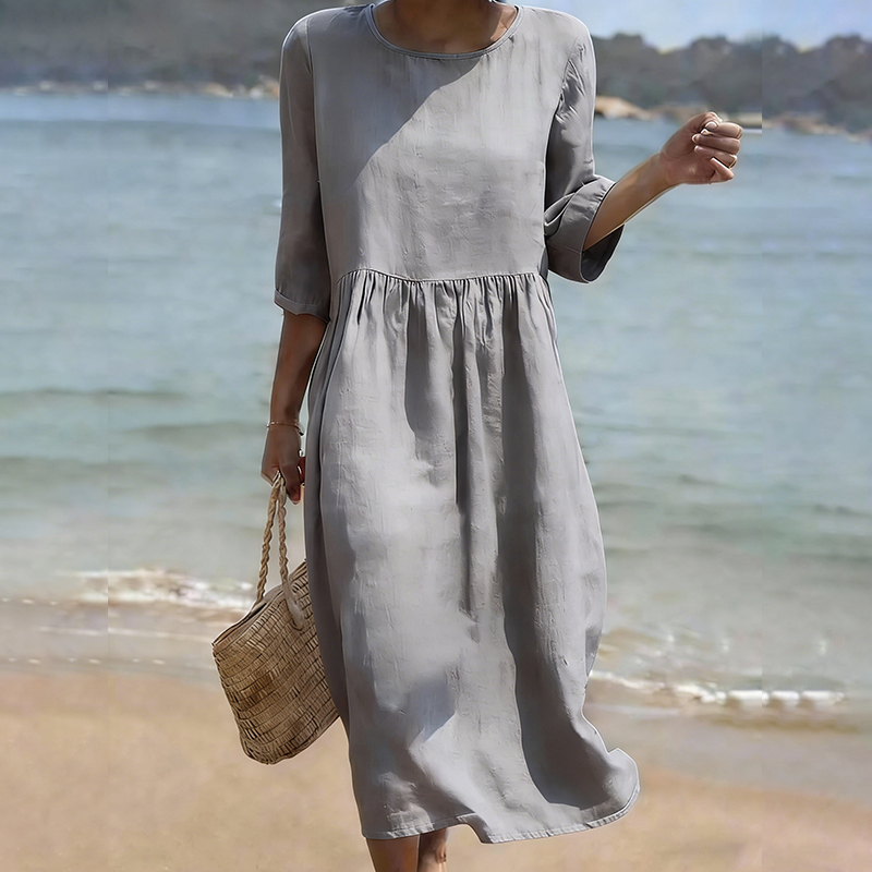 Women's Solid Color Linen Blend Loose Three-quarter Sleeve Dress elevenforest