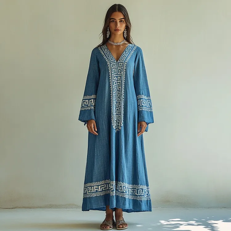 Retro Greek Key Graphics V Neck Linen Blend Maxi Dress