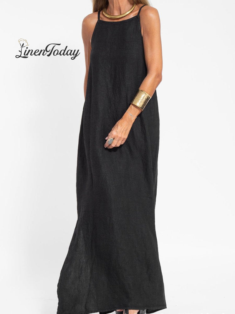 Fashionable Casual Cotton And Linen Slit Slip Dress Black / S
