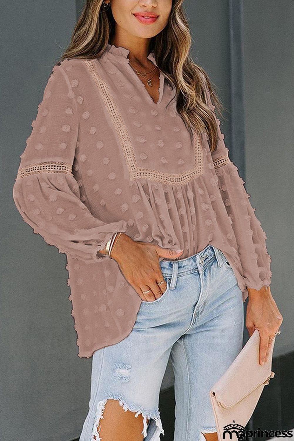 Ruffled Split Neck Lace Hollow Out Puff Sleeve Polka Dot Blouse
