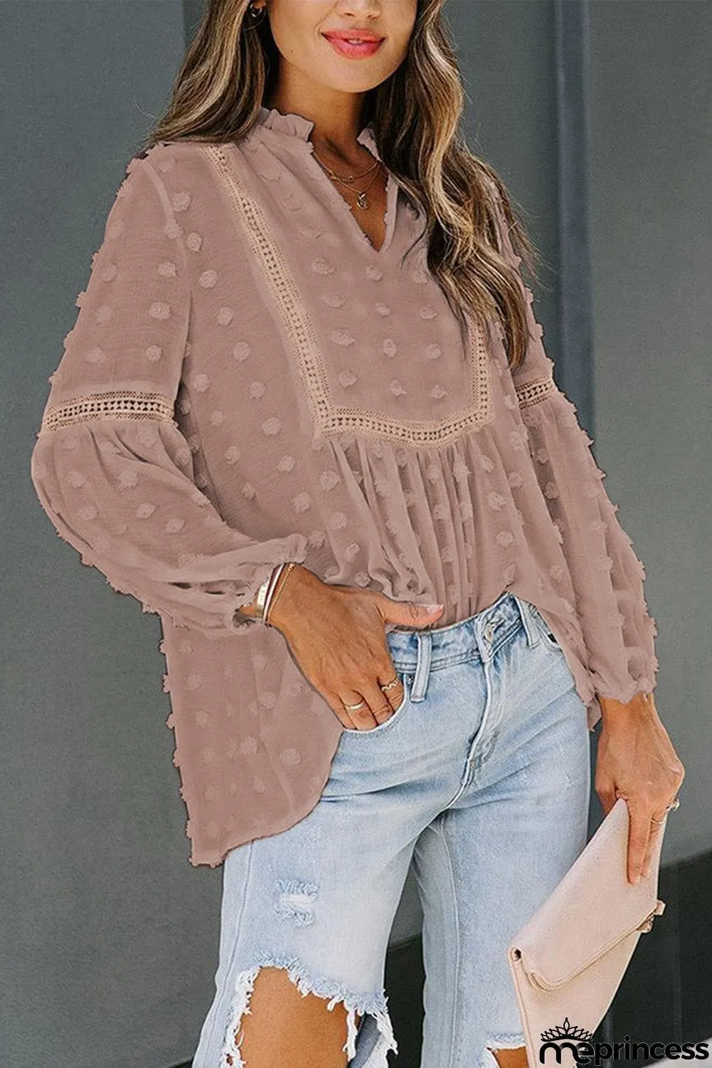 Ruffled Split Neck Lace Hollow Out Puff Sleeve Polka Dot Blouse
