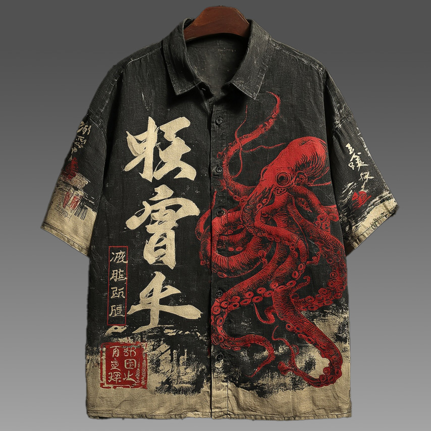 Men's Retro Octopus And Calligraphy Art Print Short-sleeve Shirt elevenforest