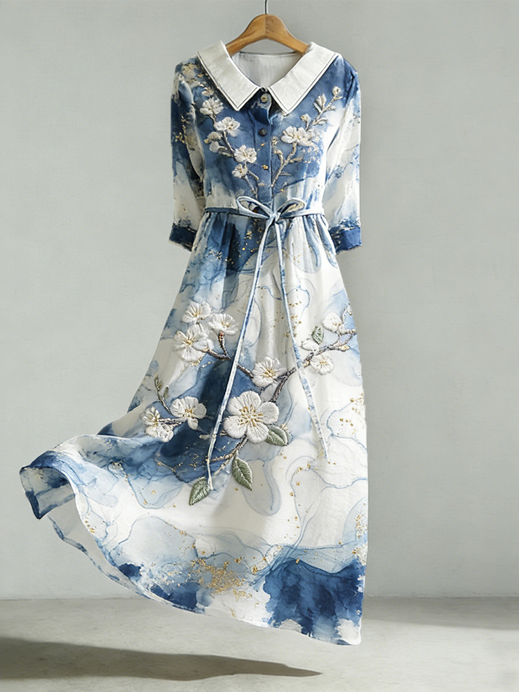 Cherry Blossom Art Abstract Marble Texture Flowy Linen Maxi Dress elevenforest