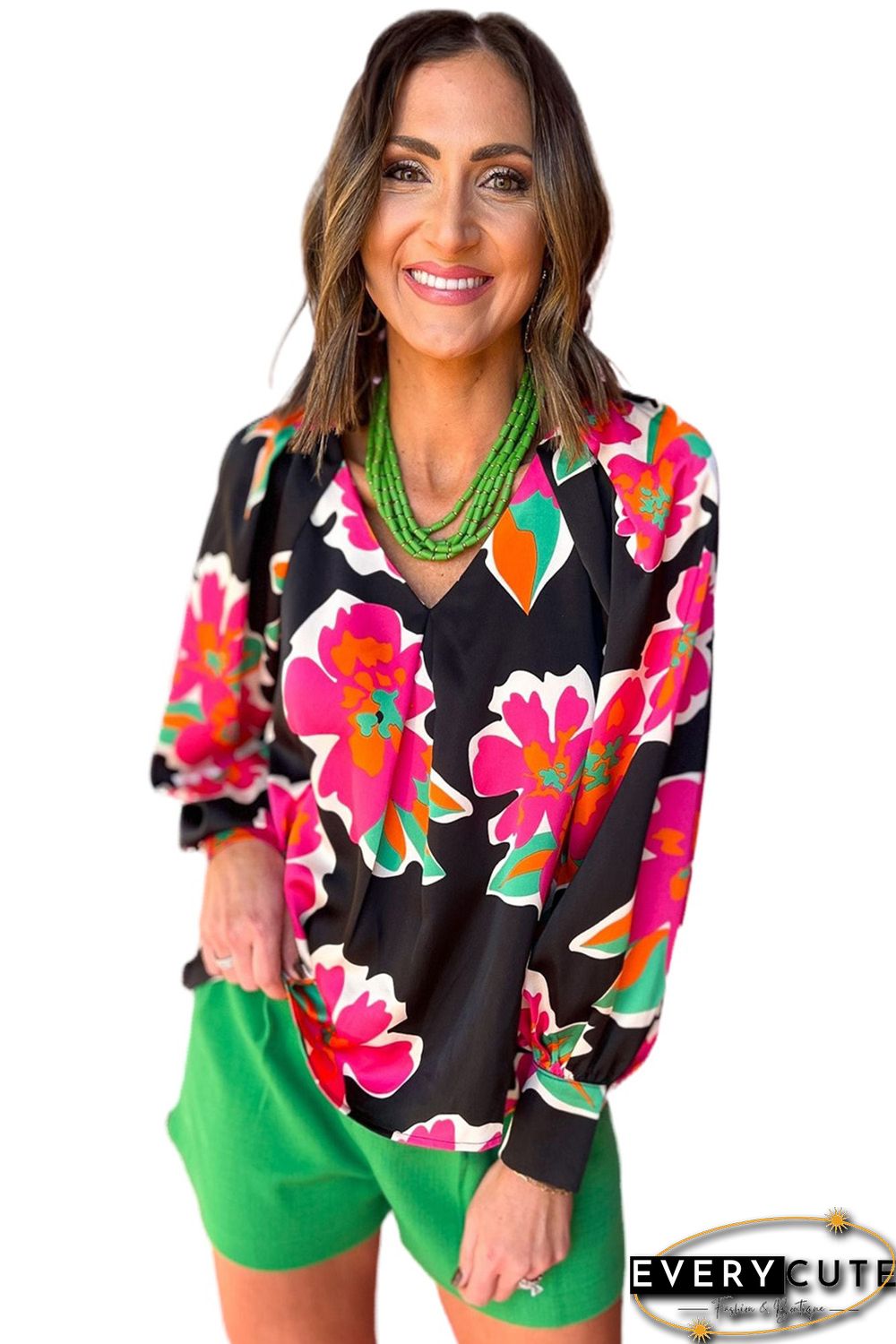Black Rose Flower Print Puff Sleeve Blouse
