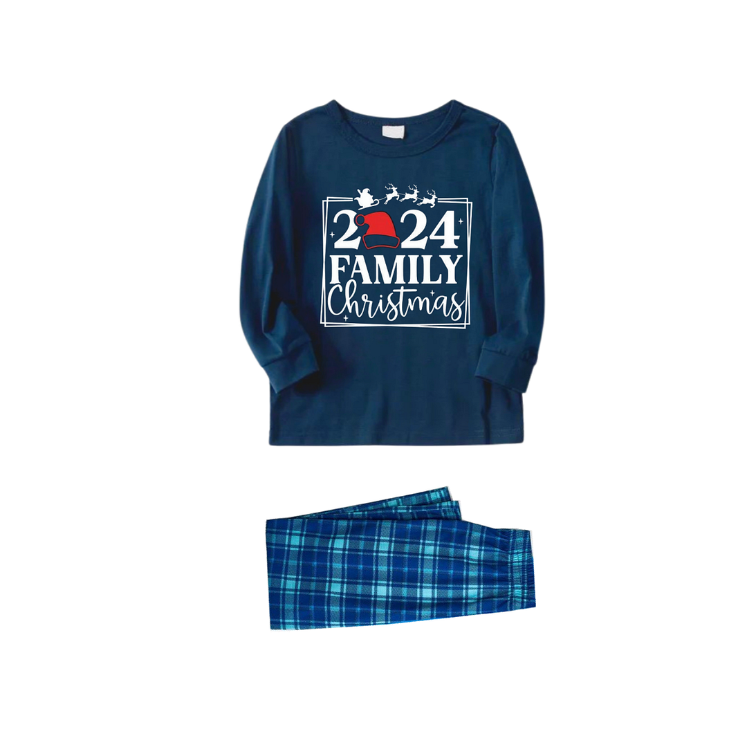 "2024 FAMILY CHRISTMAS" Text and Sleigh Pattern - Blue Long Sleeve Top With Blue Plaid Family Matching Pajamas