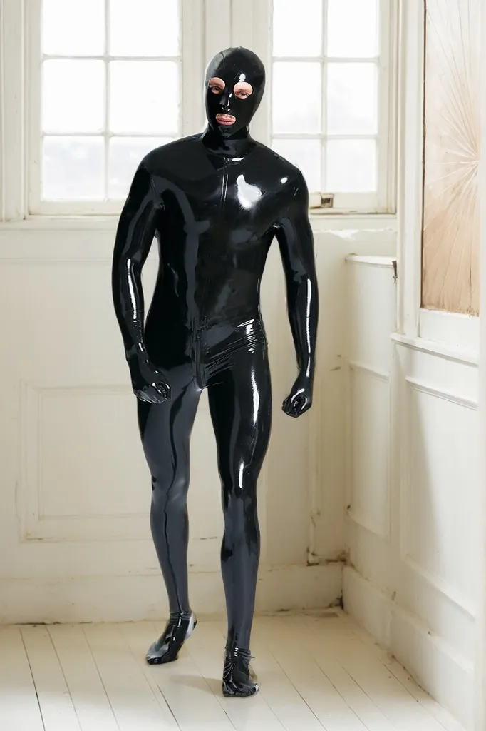 Men Latex Catsuits Male Standard Gimp Fully  Enclosed Catsuit All Black BDSM Costume