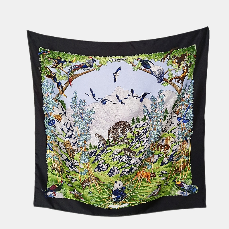 Dallet Panda Twill Heavy Silk Scarf Women's Large Kerchief with Decorative Painting