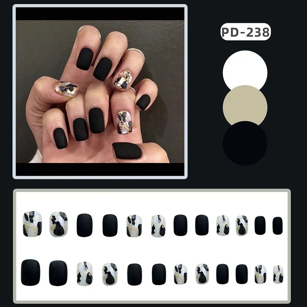 24pcs/box Blue Dye With Sequins Decorated press on nail tips Frosted Square Head Short Wearable Full Cover fake nails with glue-Nail Inspo