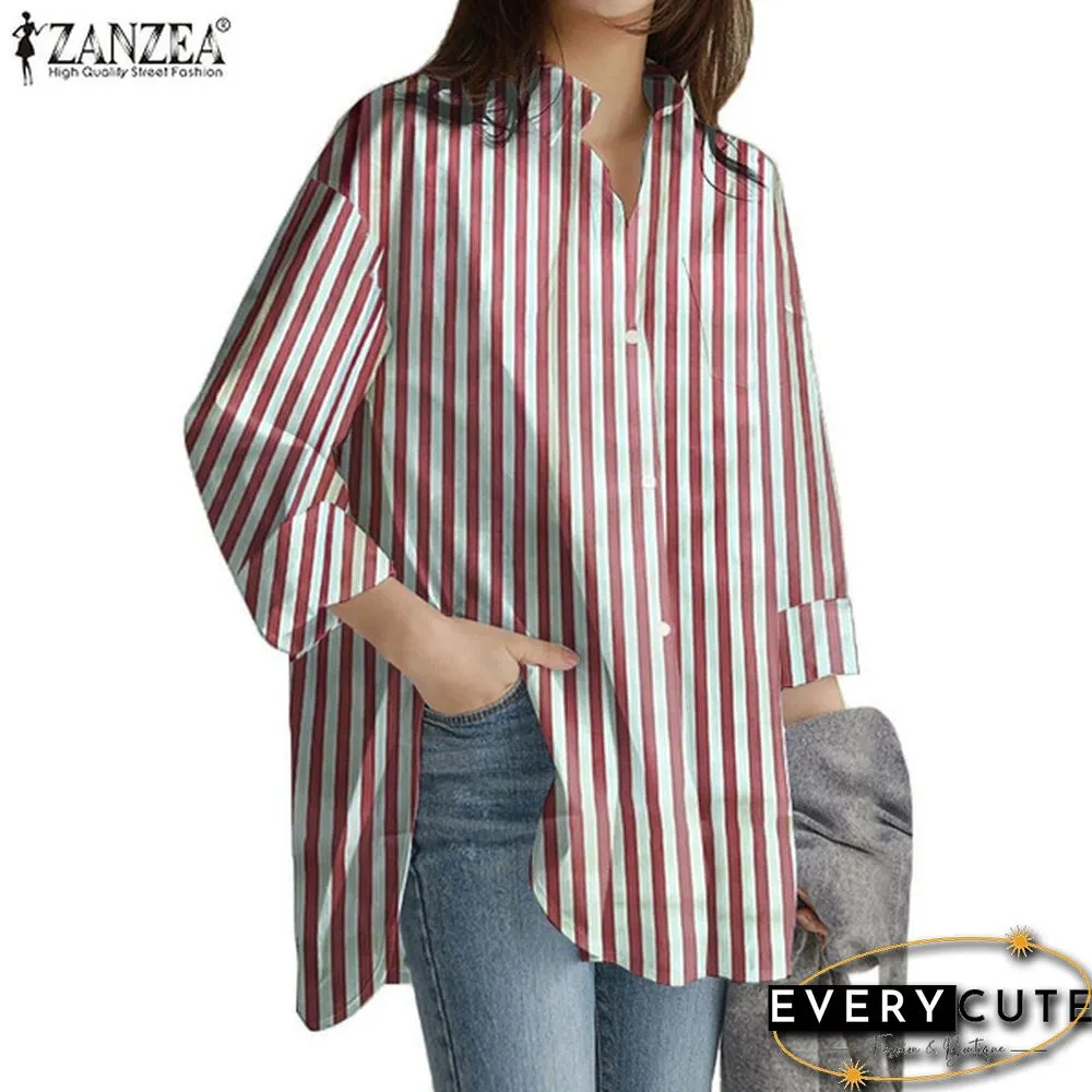 Womens Turn Down Collar T-Shirt Full Sleeve Front Pockets Loose Shirt Button Striped Print Tops S-5XL