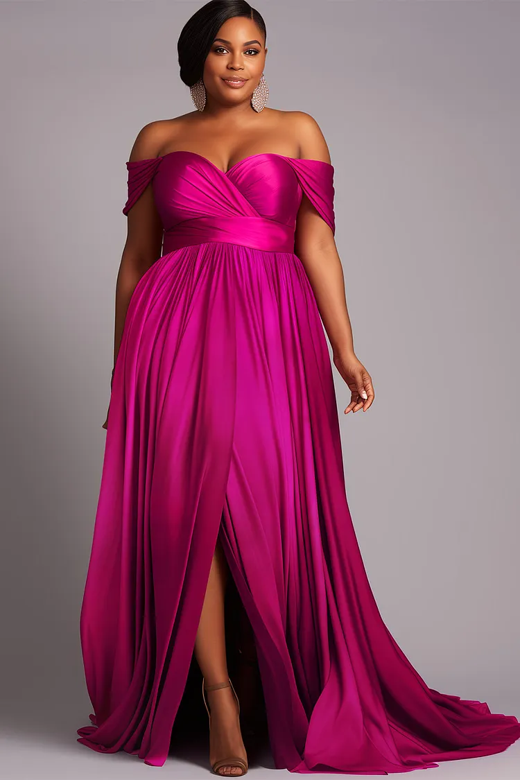 Xpluswear Design Plus Size Formal Black Off The Shoulder Cap Sleeve Split  Crinkle Chest Satin Maxi Dresses [Pre-Order]
