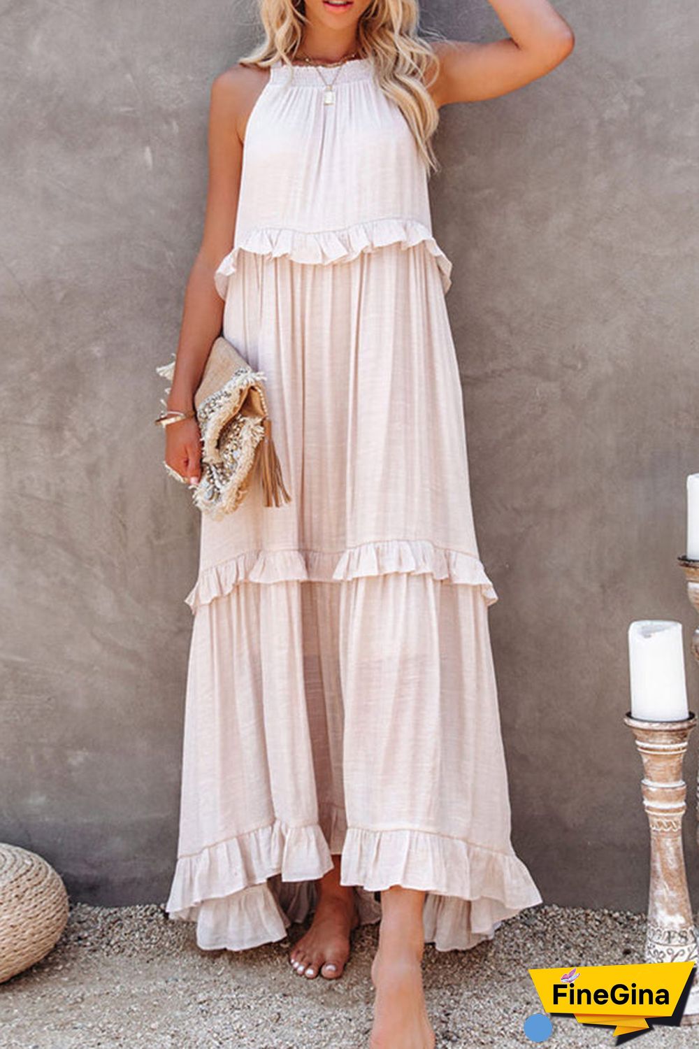 Pocketed Halter Textured Maxi Dress