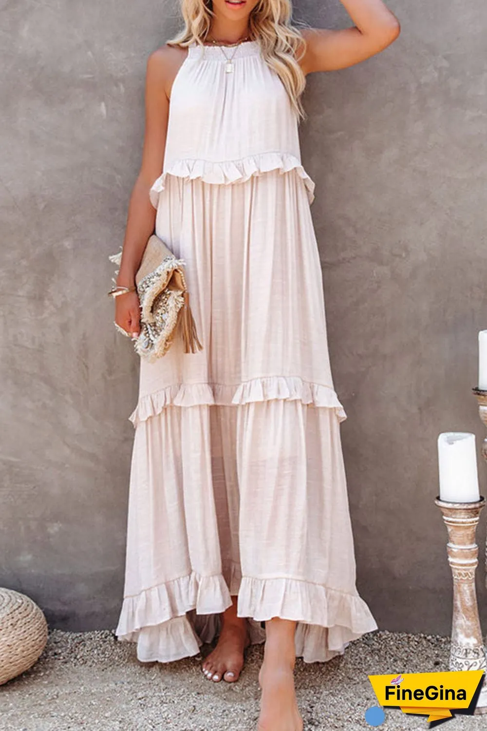Pocketed Halter Textured Maxi Dress