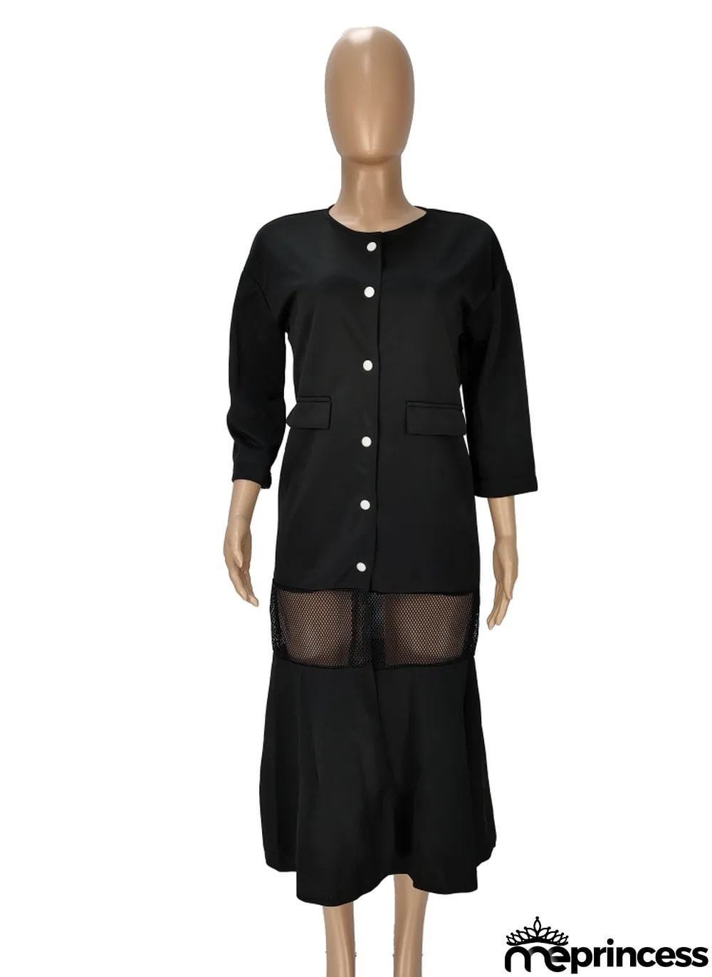 Women Spring Black Mesh Patch Mermaid Long Jacket