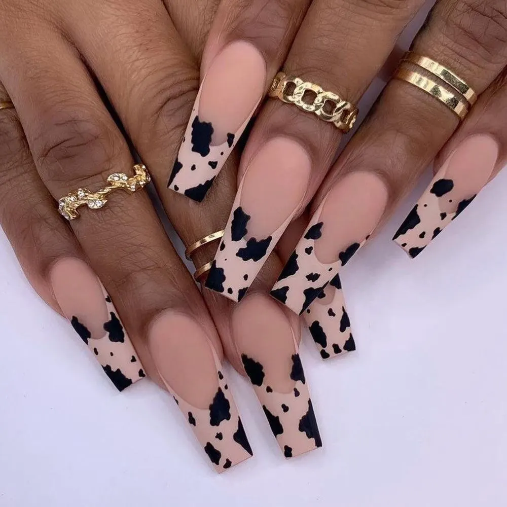 24pcs Extra Long Matte Fake Nails Ballerina Coffin Dark Blue Colorful Rhinestone Decals False Nails with designs Nail Art-Nail Inspo