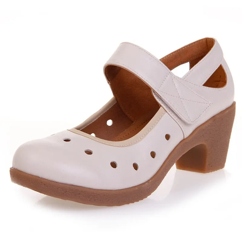 GKTINOO 2022 Cut Out Women Pumps Breathable Women Shoes Hook&Loop Thick High Heels Soft Mary Janes Dancing Shoes Leather