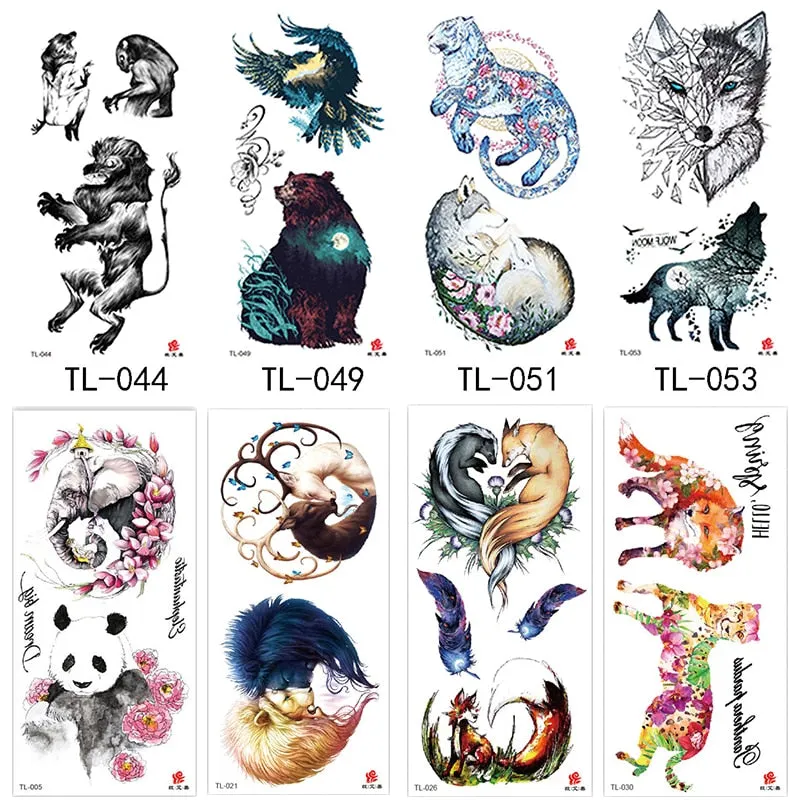 1~8 pieces of animal plants wolf bear bird art tattoo stickers disposable waterproof temporary tattoo stickers for men and women
