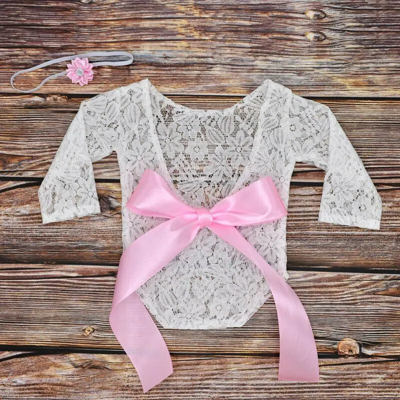 2019 Baby Accessories Newborn Lace Romper Photo Clothing Bow lace Hair Band Set Photography Props Backless Bodysuits +Headband
