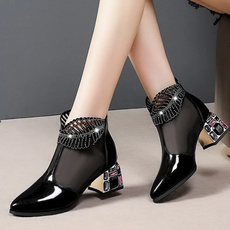 2020 New Sexy Sandals Boots Women Mid Heels Ankle Boot Patent Leather Mesh Thick Heel Pointed toe Shoes for Woman Zip Black Red