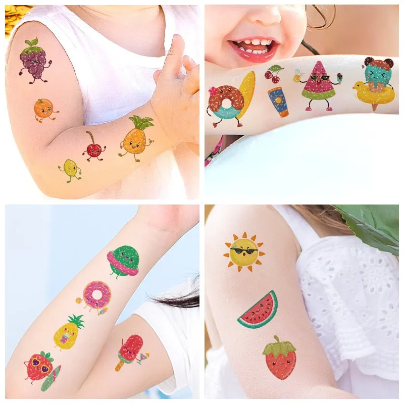 10 Kinds Glitter Powder Children Tattoo Cartoon Fruits Cute Makeup Temporary Body Arm Stickers Disposable Tatouage Temporaire