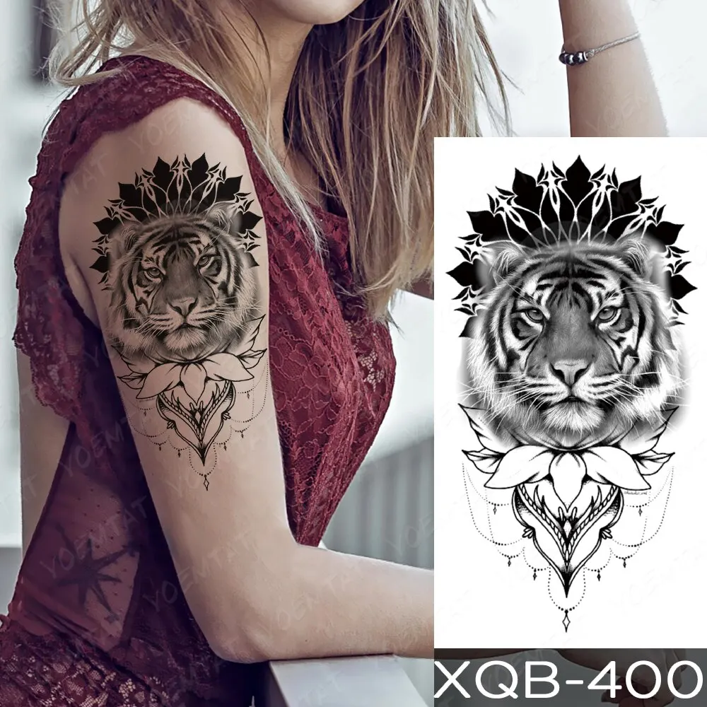 Sdrawing Temporary Tattoo Stickers Fox Lion Tiger Wolf Peony Rose Flowers Leaf Flash Tatto Women Men Body Art Arm Fake Tattoos