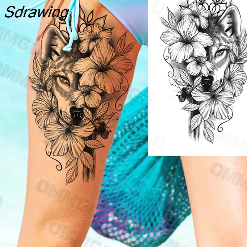 Sdrawing Realistic Rose Flower Skeleton Temporary Tattoos For Women Adult Peony Geometric Fake Tattoo Body Art Half Sleeve Tatoo Paper