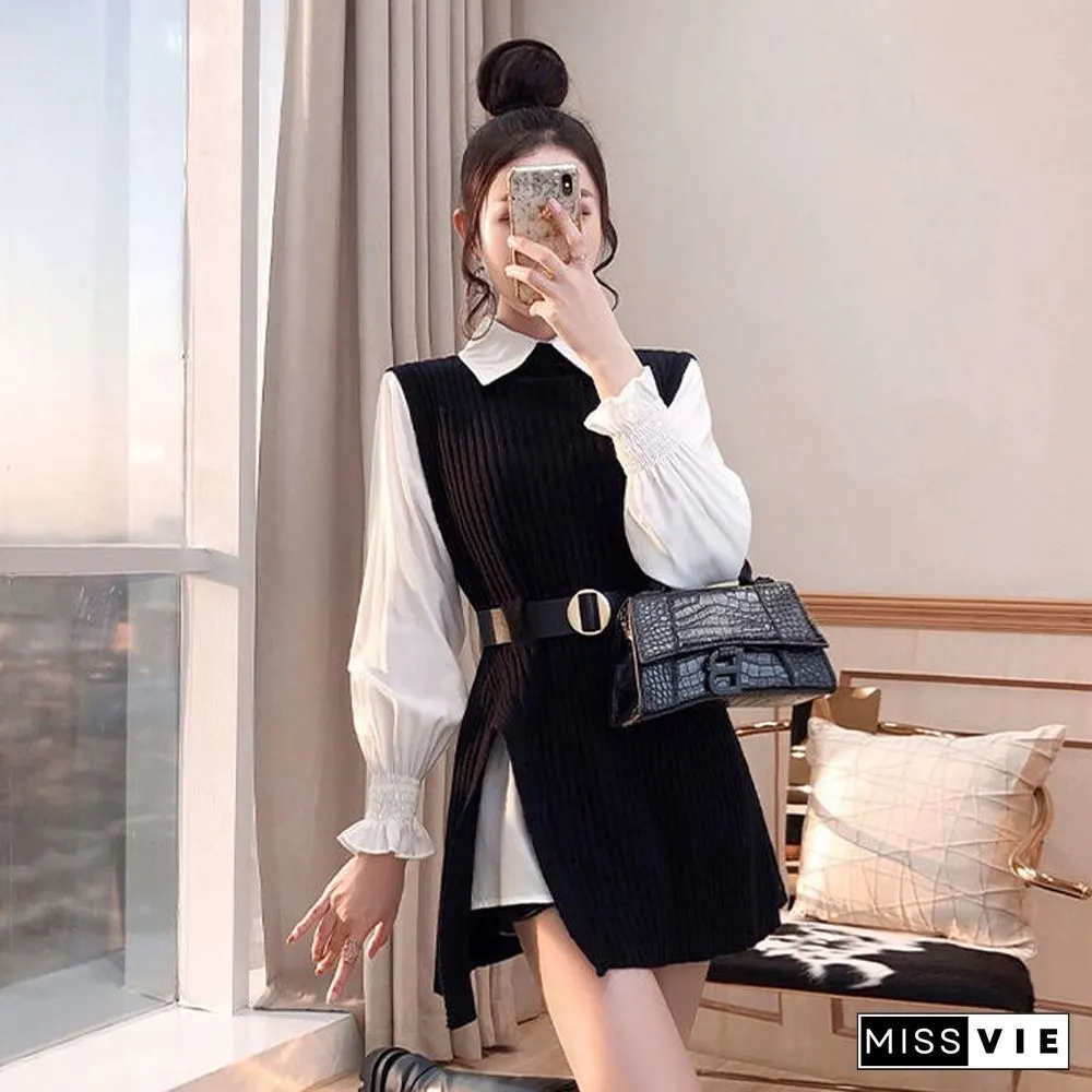 Autumn Fashion Design Shirt And Knitted Vest Women Two Piece Set Solid Black Tanks Casual Loose Coffee O Neck Tanks New