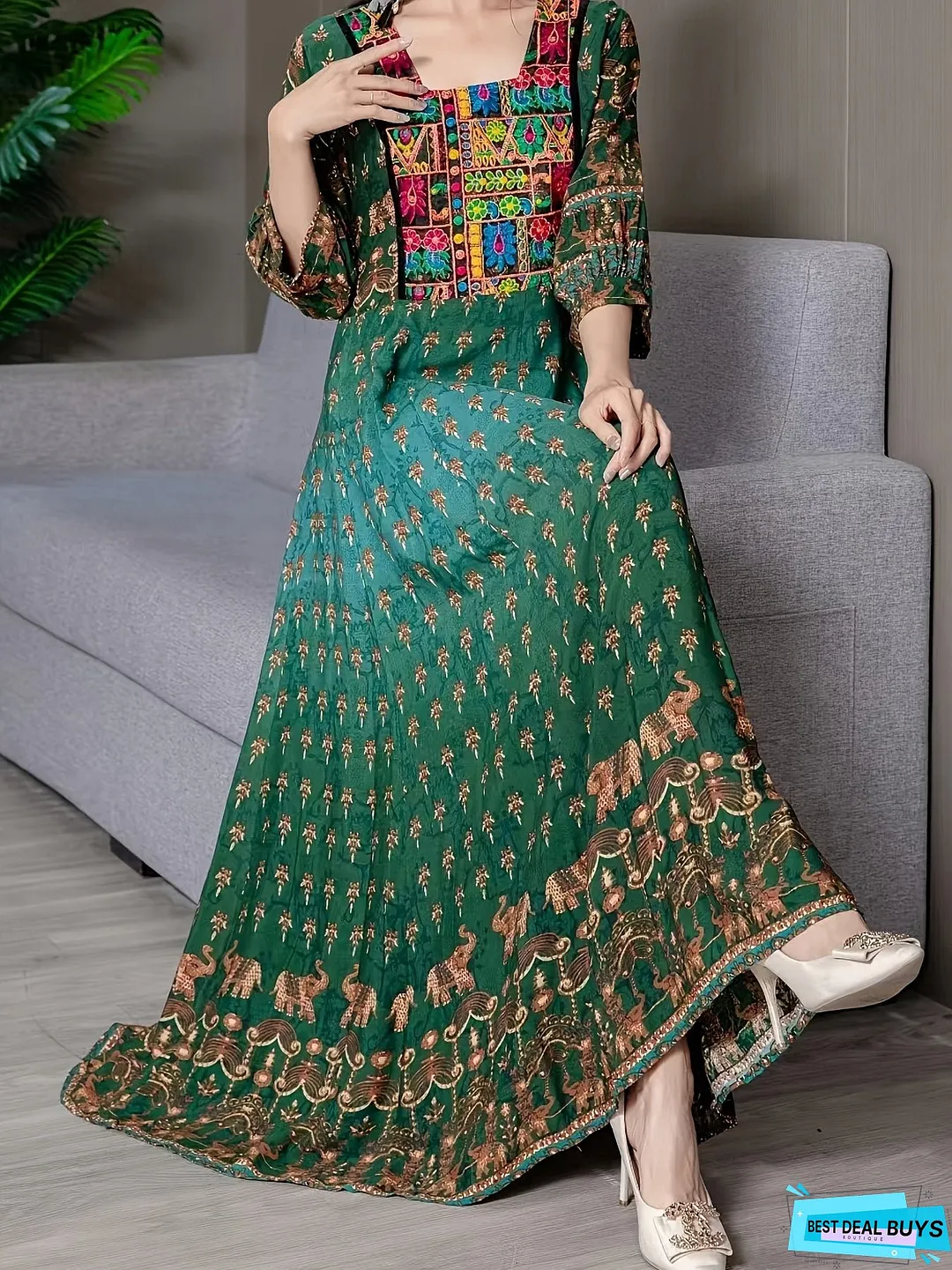Ethnic Floral Pattern Maxi Dress, Boho Square Neck 3/4 Sleeve Dress, Women's Clothing