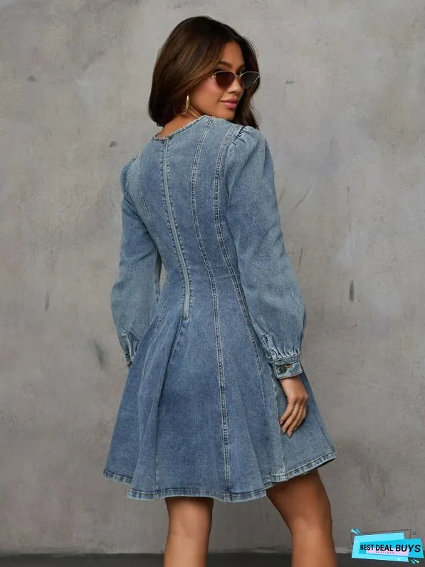 Fashion Casual Patchwork Drop Waist Women's Denim Long Sleeve Dress