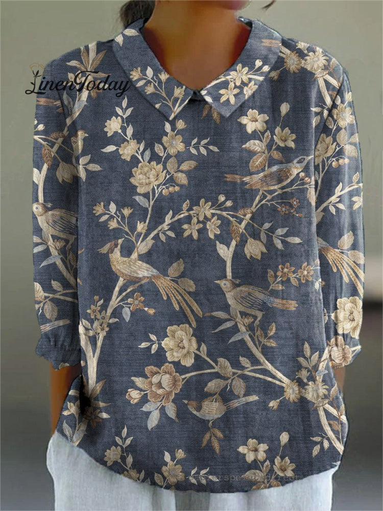 Women&rsquo;s Art Print Casual Cotton And Linen 3/4 Sleeve Shirt Multicolor / S