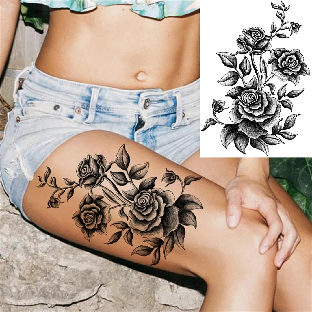 Flower Compass Temporary Tattoo For Women Girls Adult Rose Peony Tattoos Sticker Fake Black Floral Body Art Thigh Tatoos Paper