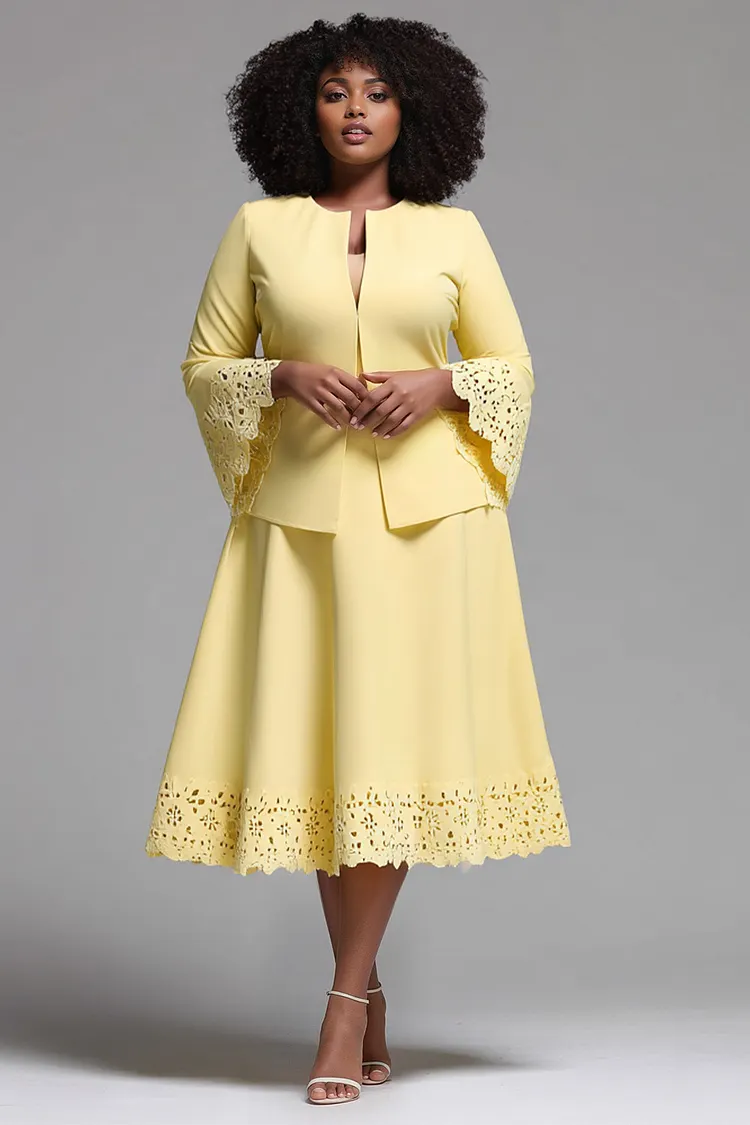 Xpluswear Design Plus Size Business Casual Yellow Round Neck Flare Long Sleeve Cut Out Pocket Two Piece Dress Sets 2024 - Xpluswear