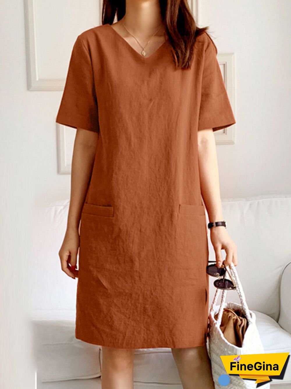 Solid Slit Hem Pocket V-neck Short Sleeve Dress