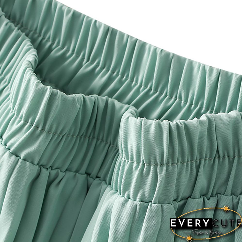 Light Green Elastic Waist A-line Pleated Maxi Skirt
