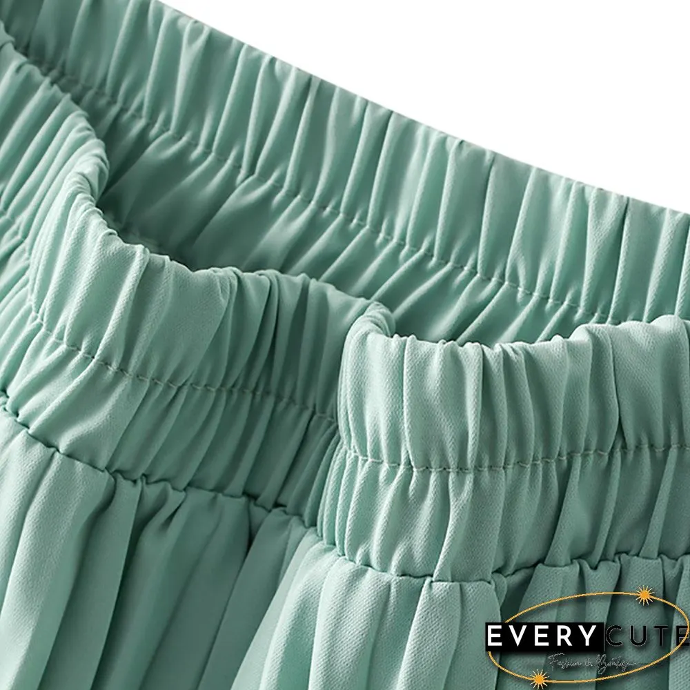 Light Green Elastic Waist A-line Pleated Maxi Skirt