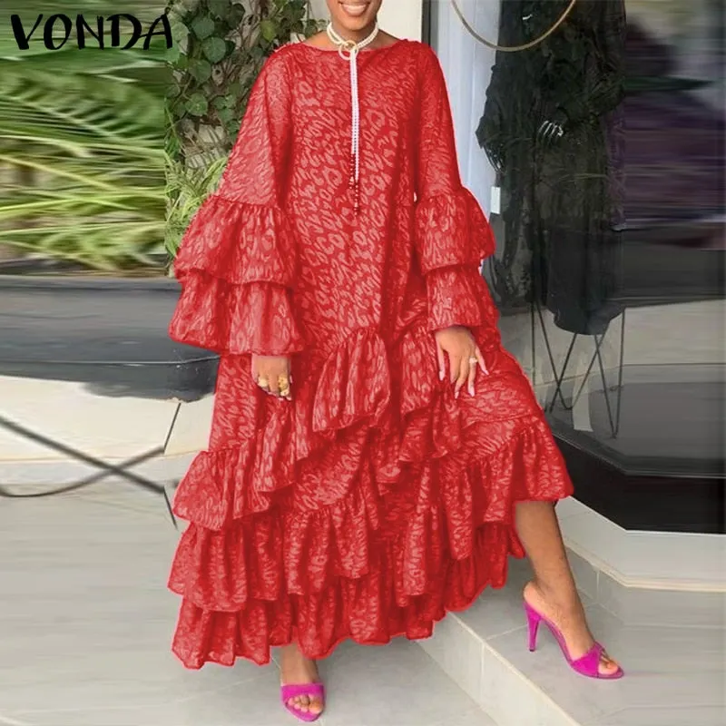 VONDA 2022 Autumn Holiday Long Dress For Women Vintage Printed Party Dresses Bohemian Long Sleeve Sundress Beach Casual Vestidos