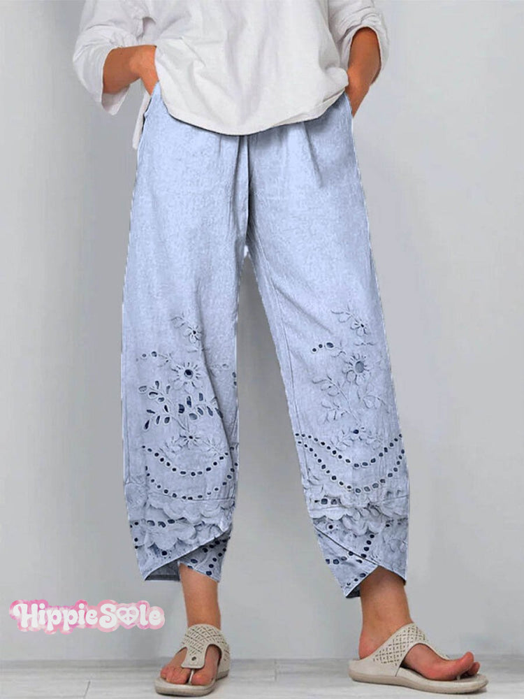 Women&rsquo;s Vintage Lovely Floral Art Printed Cotton And Linen Casual Pants Blue / S