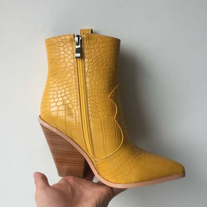 Black White Brown Yellow Autumn Winter Ankle Boots for Women Western Cowboy Boots Woman Wedge High Heel Boots Pointed Toe 2019