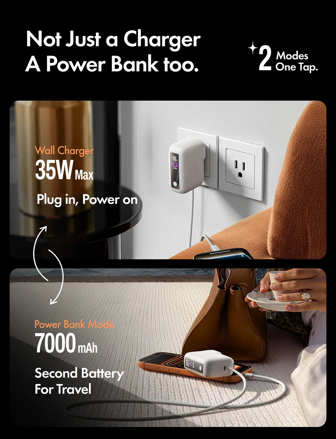 This 3-in-1 fast travel charger combines a 35W wall charger and a 27W power bank, and includes a built-in 3.3-foot USB-C cable and a foldable plug.