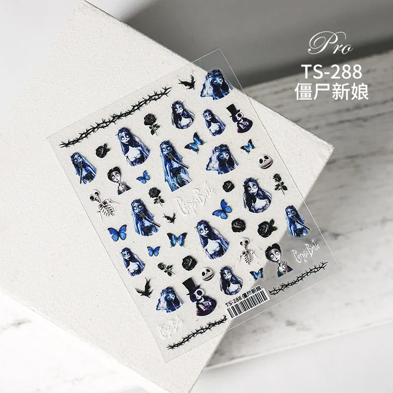 1pc Corpse Bride Nail Sticker Abstract Girl Butterfly Flower Rose Nail Art Decal Manicure Decorations Nail Decals Designer-Nail Inspo
