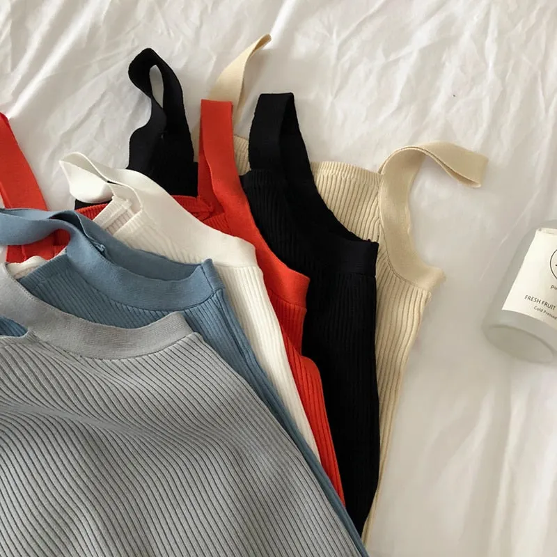 Camis Women Summer Knit Camisoles Tanks Top Korean Style Sexy Slim Womens Elegant Trendy Solid Khaki Sweet 6-colors Chic Ulzzang