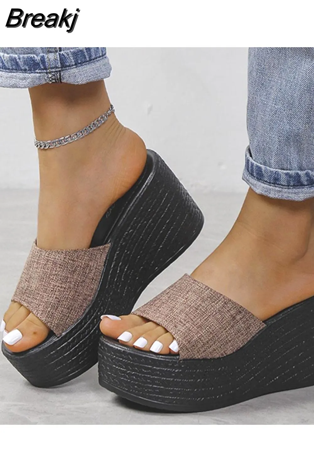Breakj Wedge High Heeled Women Sandals New Arrived 2023 Bling Sequin Lady Slipper Peep Toe Comfort Walk Causal Sandals Plus Size