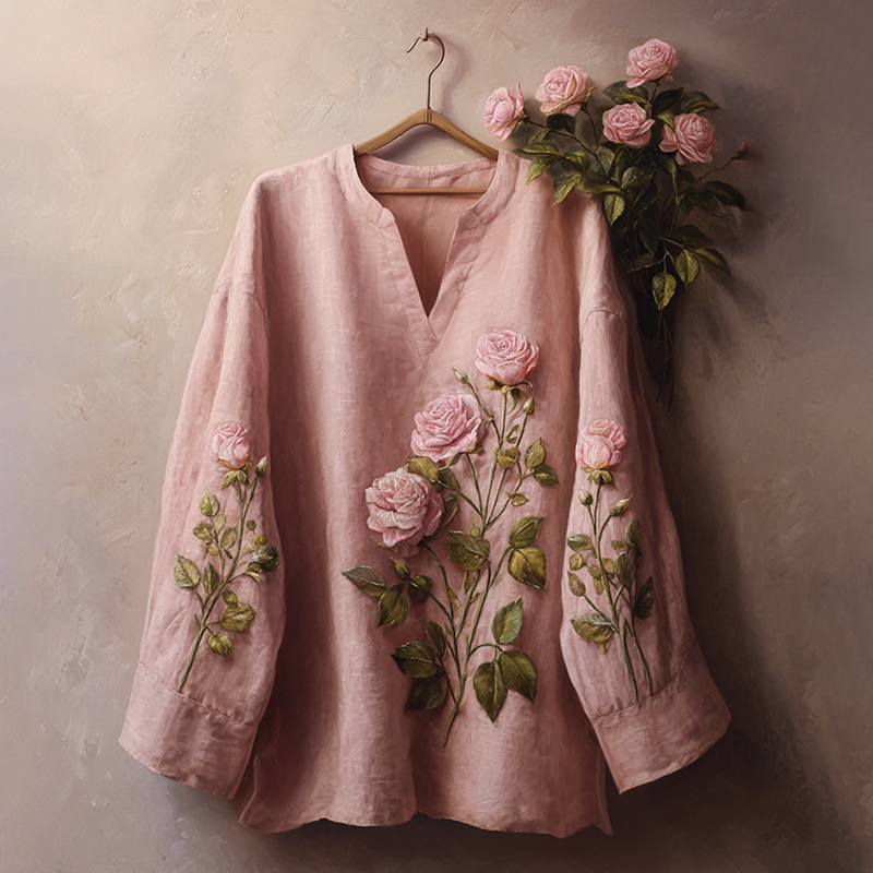 Retro Rose Embroidery Pattern Linen Blend Three-quarter Sleeve Tops elevenforest