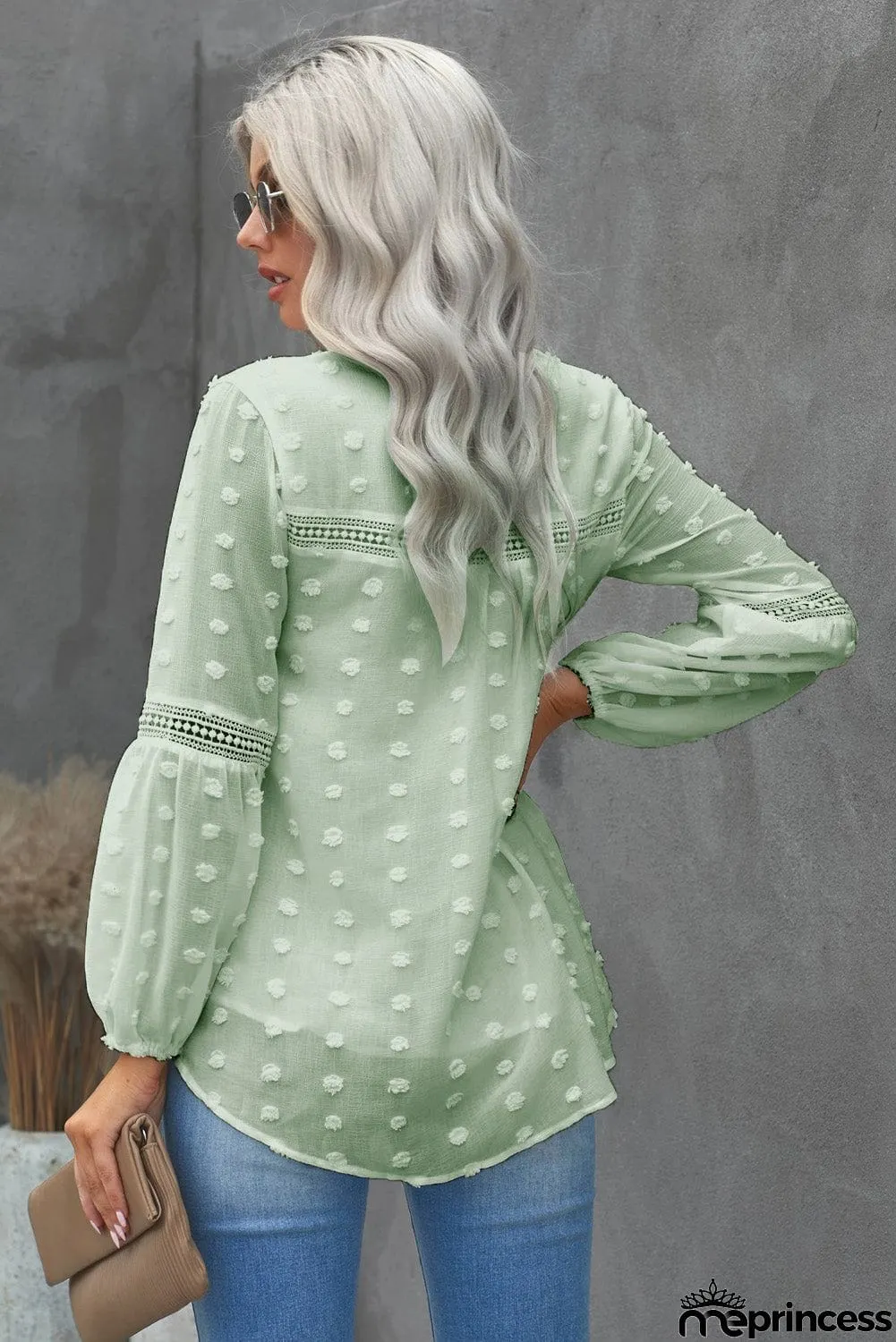 Chic Green Ruffled Split Neck Lace Hollow Out Long Sleeve Polka Dot Blouse