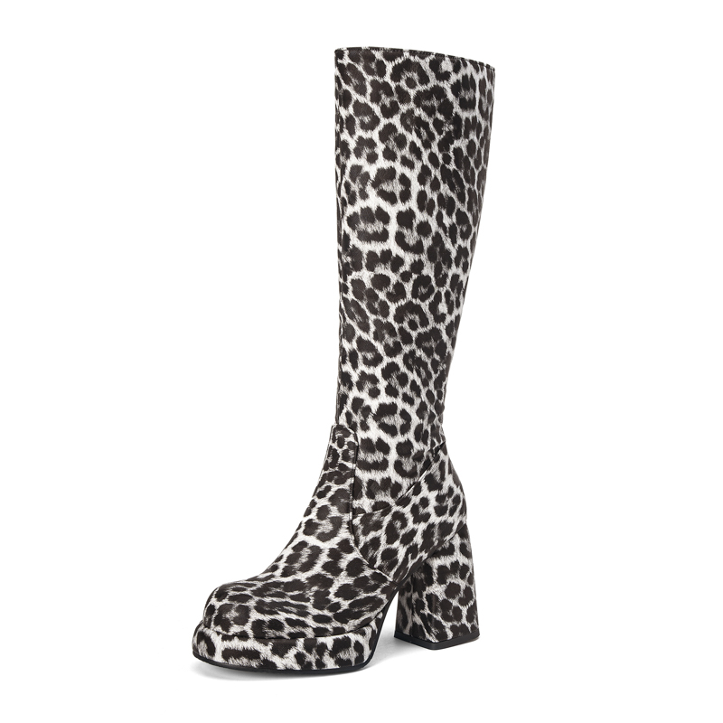 GOOSHOE Square Toe Ultra High Thick Heel Side Zipper Short Plush Lining Zebra Pattern Boots Leopard Print Knee High Boots
