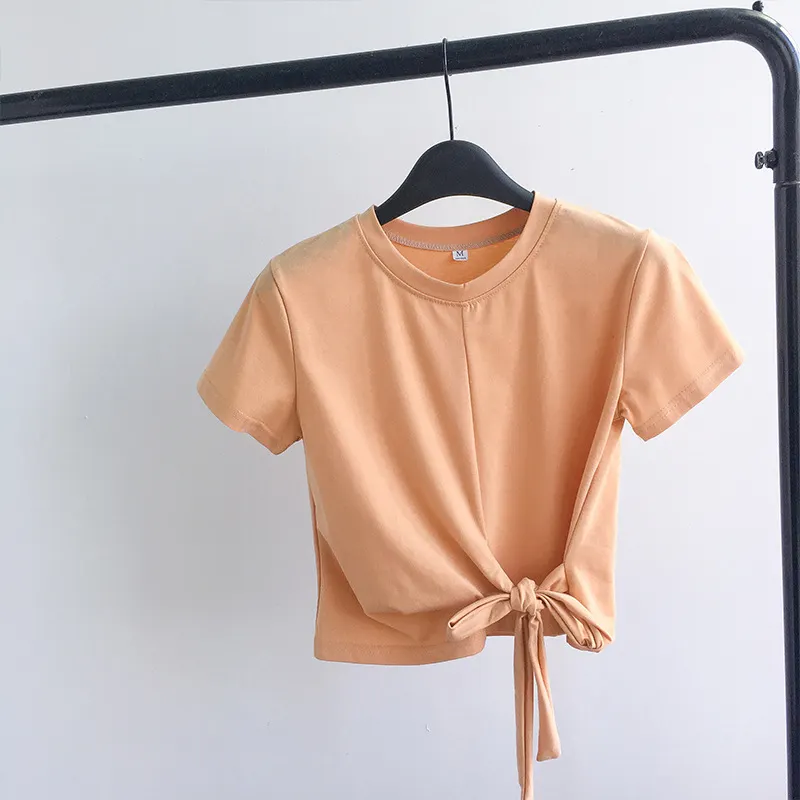 Brownm Brownm Solid Color T-Shirt Female 2024 Summer Wear Korean Version Of The Strap Careful Machine Exposed Umbilical Students Short Sleeve Shirt Repair Body